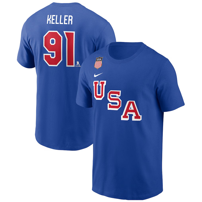 Men's US Hockey USA Hockey #91 Clayton Keller Royal 2026 Name & Number T-Shirt